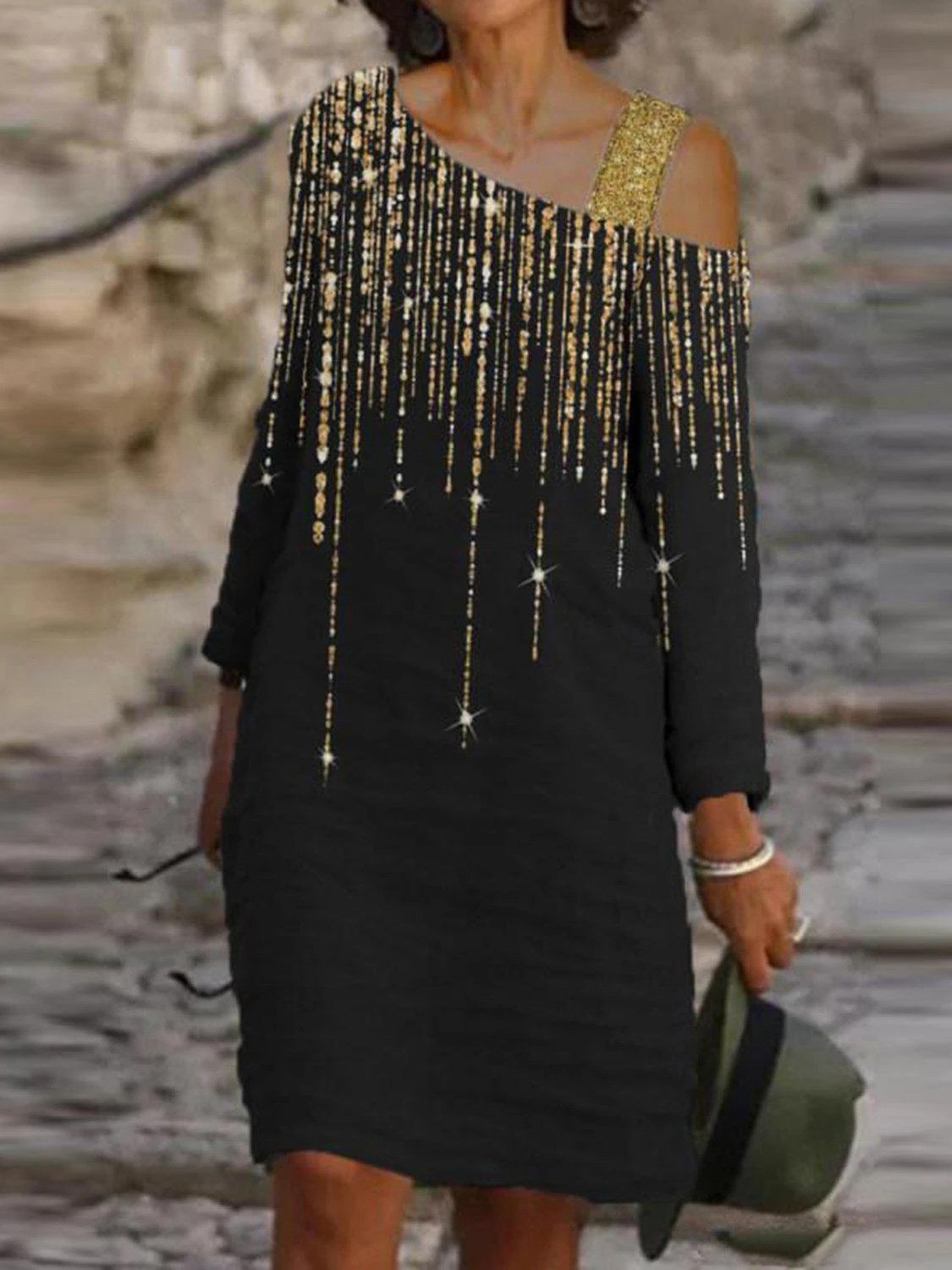 Women's Dresses Loose Sling Sloping Shoulder Long Sleeve Dress - Midi Dresses - Instastyled | Online Fashion Free Shipping Clothing, Dresses, Tops, Shoes - 14/12/2021 - Casual Dresses - Color_Black