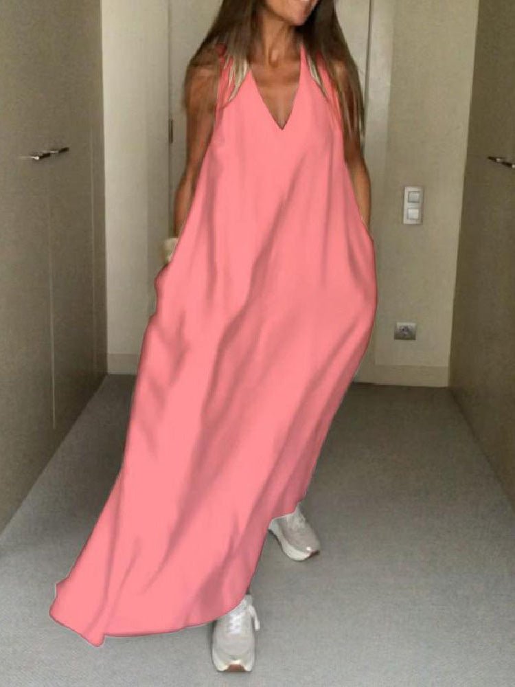 Women's Dresses Loose Solid V-Neck Sleeveless Dress - Maxi Dresses - Instastyled | Online Fashion Free Shipping Clothing, Dresses, Tops, Shoes - 20-30 - 24/02/2022 - Casual Dresses