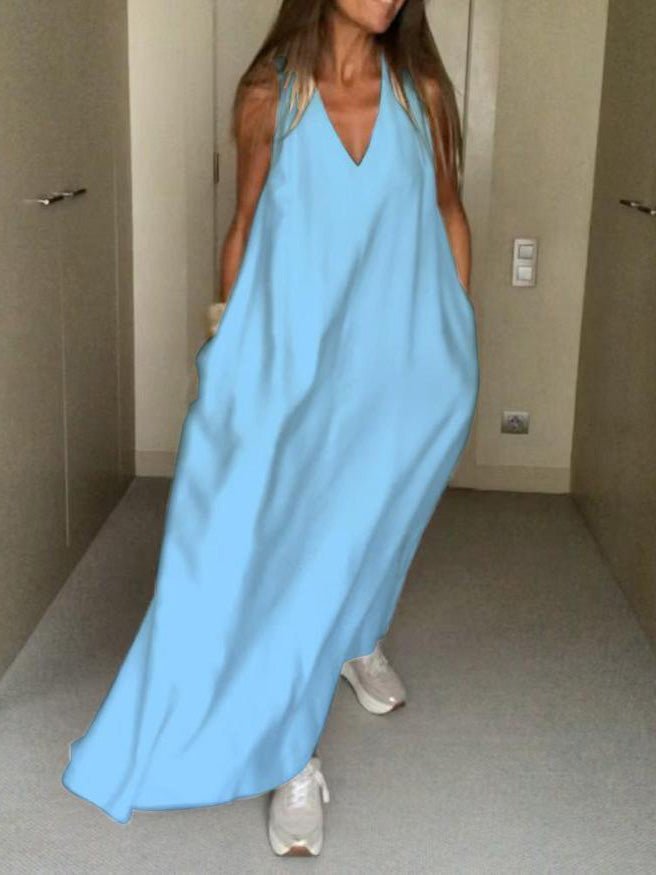 Women's Dresses Loose Solid V-Neck Sleeveless Dress - Maxi Dresses - Instastyled | Online Fashion Free Shipping Clothing, Dresses, Tops, Shoes - 20-30 - 24/02/2022 - Casual Dresses