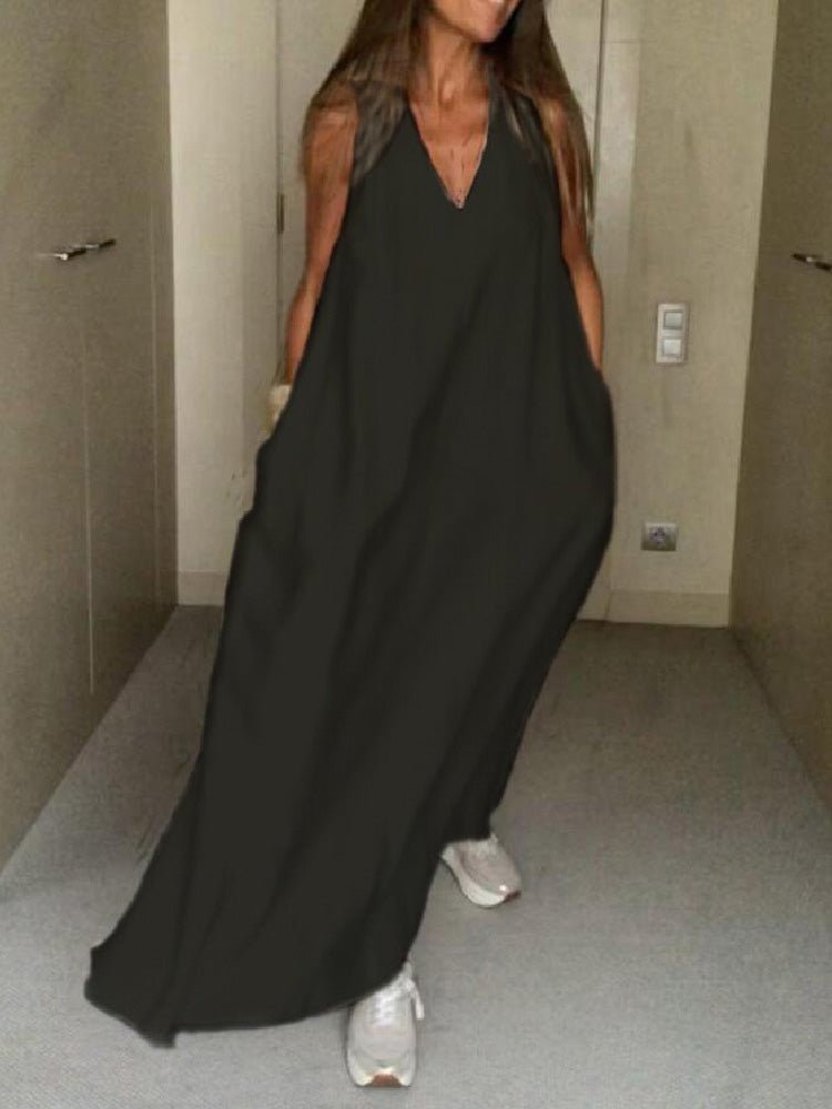 Women's Dresses Loose Solid V-Neck Sleeveless Dress - Maxi Dresses - Instastyled | Online Fashion Free Shipping Clothing, Dresses, Tops, Shoes - 20-30 - 24/02/2022 - Casual Dresses