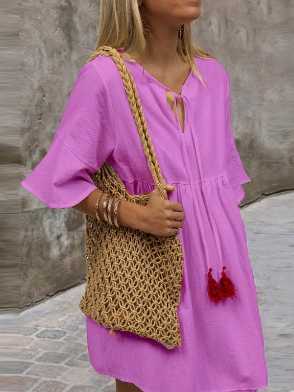 Women's Dresses Loose V-Neck Belted Simple Short Sleeve Dress - Mini Dresses - Instastyled | Online Fashion Free Shipping Clothing, Dresses, Tops, Shoes - 20-30 - 23/02/2022 - Casual Dresses