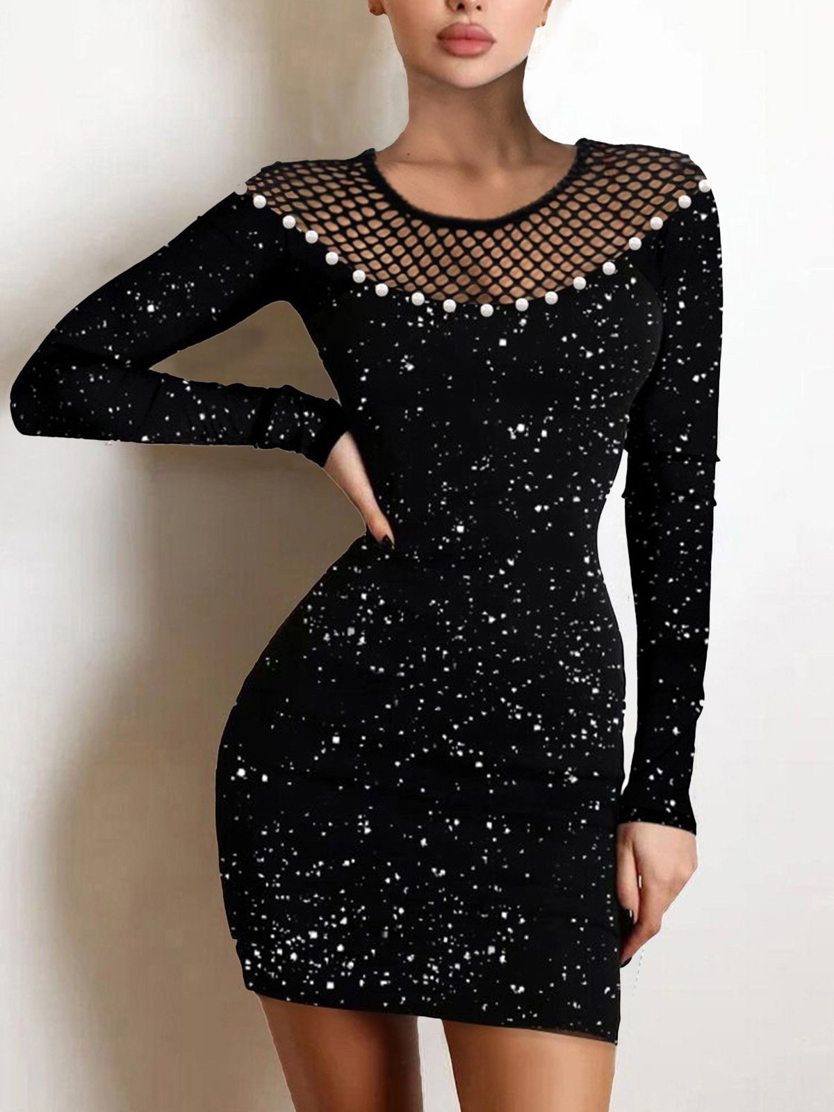 Women's Dresses Mesh Hot Rhinestone Pearl Long Sleeve Tight Dress - Mini Dresses - Instastyled | Online Fashion Free Shipping Clothing, Dresses, Tops, Shoes - 07/12/2021 - 20-30 - Bodycon Dresses