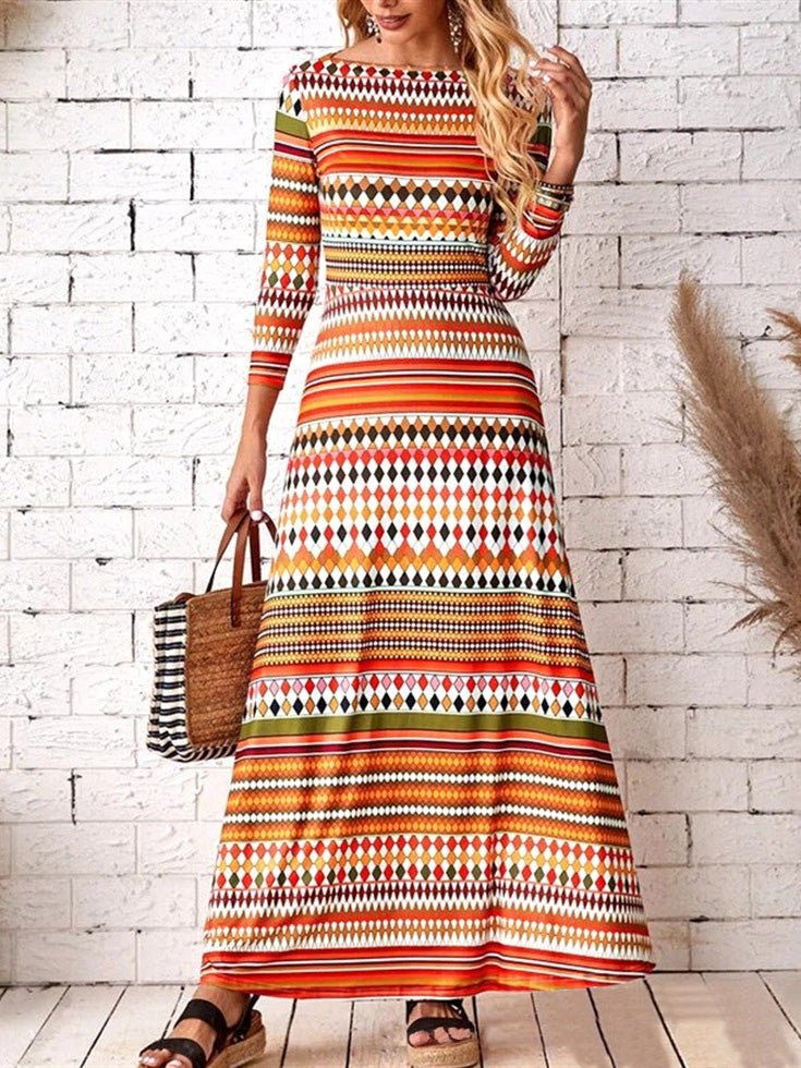 Women's Dresses Multicolor Striped Crewneck Long Sleeve Dress - Maxi Dresses - Instastyled | Online Fashion Free Shipping Clothing, Dresses, Tops, Shoes - 23/02/2022 - 30-40 - color-orange