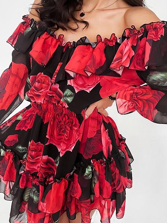 Women's Dresses One-Shoulder Print Ruffled Mini Dress - Mini Dresses - INS | Online Fashion Free Shipping Clothing, Dresses, Tops, Shoes - 12/11/2021 - 20-30 - color-black_red