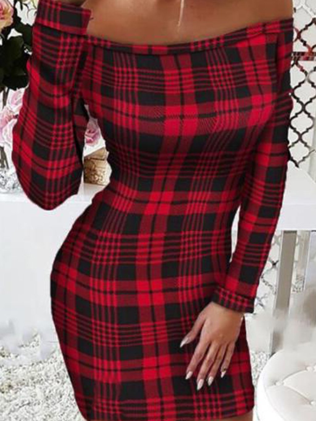 Women's Dresses One-Shoulder Printed Long Sleeve Dress - Midi Dresses - INS | Online Fashion Free Shipping Clothing, Dresses, Tops, Shoes - 15/10/2021 - Color_Black - Color_Red