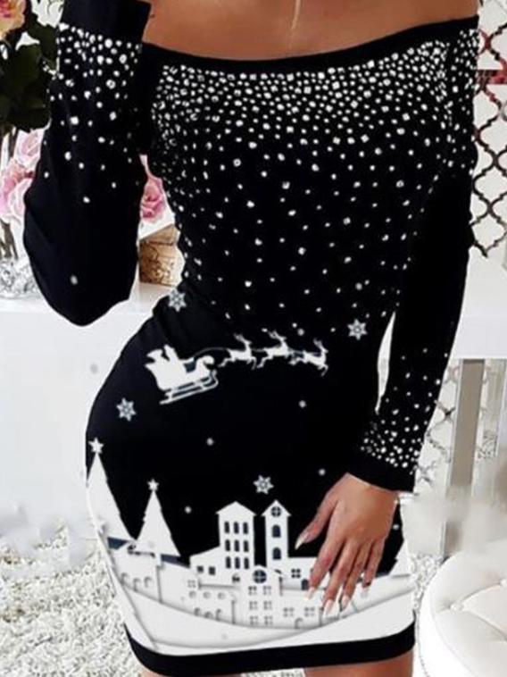 Women's Dresses One-Shoulder Printed Long Sleeve Dress - Midi Dresses - INS | Online Fashion Free Shipping Clothing, Dresses, Tops, Shoes - 15/10/2021 - Color_Black - Color_Red