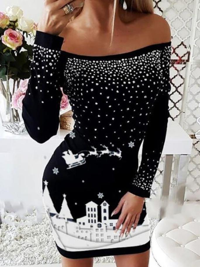 Women's Dresses One-Shoulder Printed Long Sleeve Dress - Midi Dresses - INS | Online Fashion Free Shipping Clothing, Dresses, Tops, Shoes - 15/10/2021 - Color_Black - Color_Red
