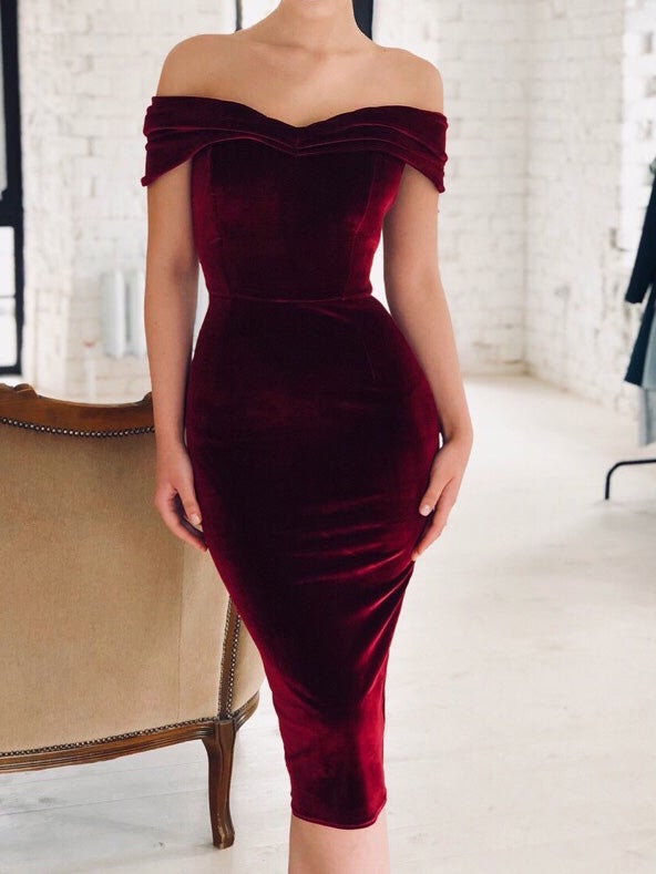 Women's Dresses One Word Collar Off-Shoulder Velvet Slim Fit Dress - Midi Dresses - Instastyled | Online Fashion Free Shipping Clothing, Dresses, Tops, Shoes - 17/01/2022 - 20-30 - Bodycon Dresses