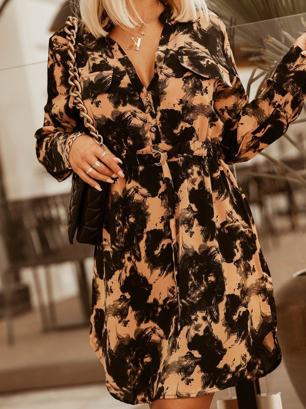 Women's Dresses Printed Belted Button Shirt Long Sleeve Dress - Mini Dresses - Instastyled | Online Fashion Free Shipping Clothing, Dresses, Tops, Shoes - 10/12/2021 - 30-40 - color-apricot