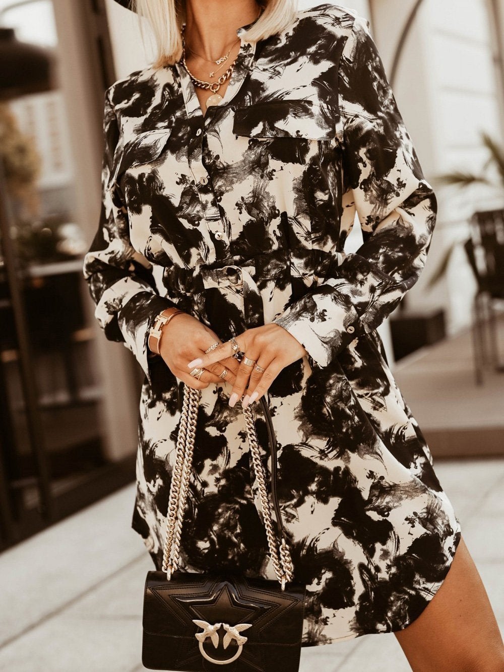 Women's Dresses Printed Belted Button Shirt Long Sleeve Dress - Mini Dresses - Instastyled | Online Fashion Free Shipping Clothing, Dresses, Tops, Shoes - 10/12/2021 - 30-40 - color-apricot