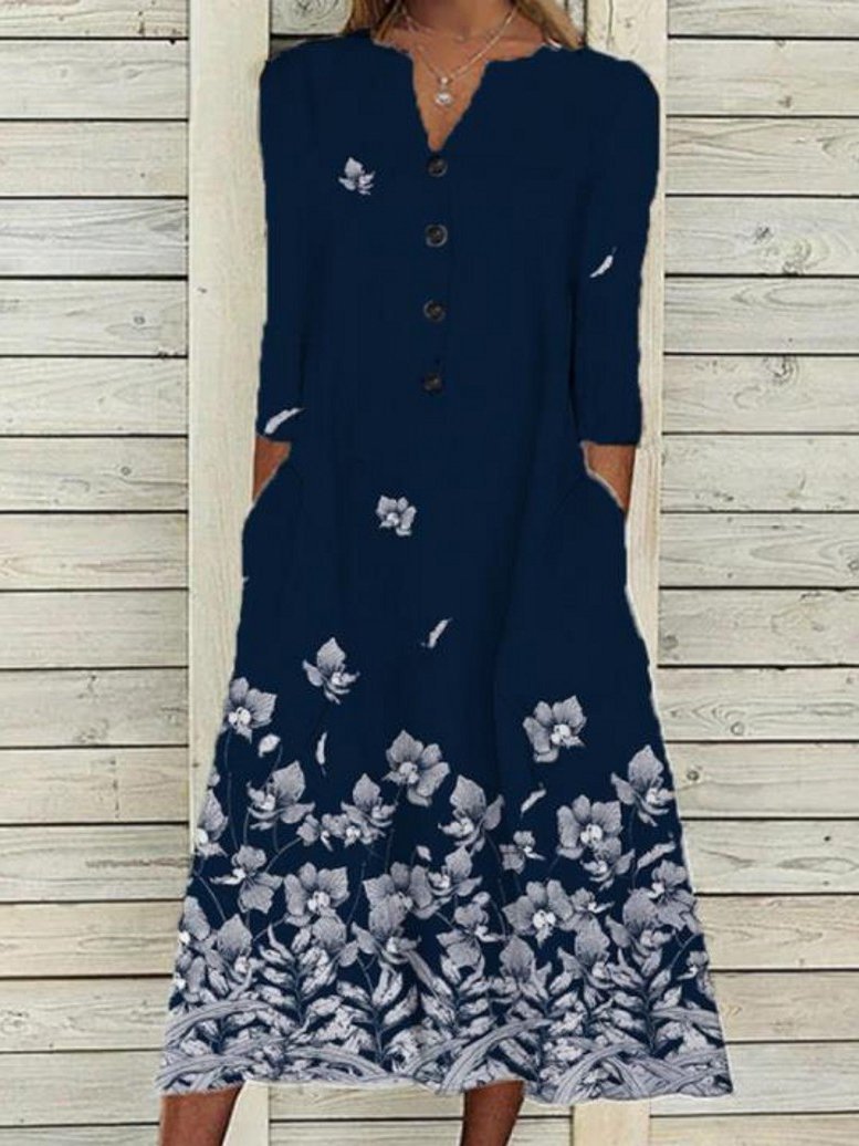 Women's Dresses Printed Button Pocket Long Sleeve Dress - Midi Dresses - INS | Online Fashion Free Shipping Clothing, Dresses, Tops, Shoes - 11/10/2021 - Color_Blue - DRE2110112727