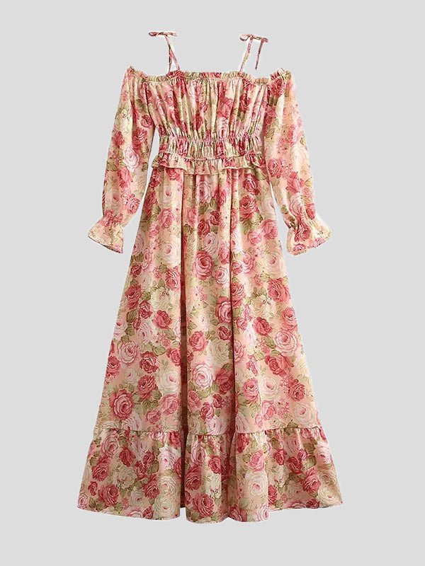 Women's Dresses Printed Panel Ruffle Long Sleeve Slip Dress - Midi Dresses - Instastyled | Online Fashion Free Shipping Clothing, Dresses, Tops, Shoes - 11/02/2022 - color-pink - Color_Pink