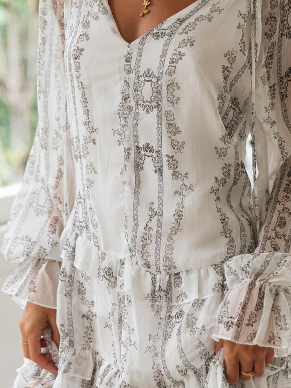 Women's Dresses Printed Tie Ruffle Long Sleeve Dress - Mini Dresses - Instastyled | Online Fashion Free Shipping Clothing, Dresses, Tops, Shoes - 11/02/2022 - 20-30 - color-white