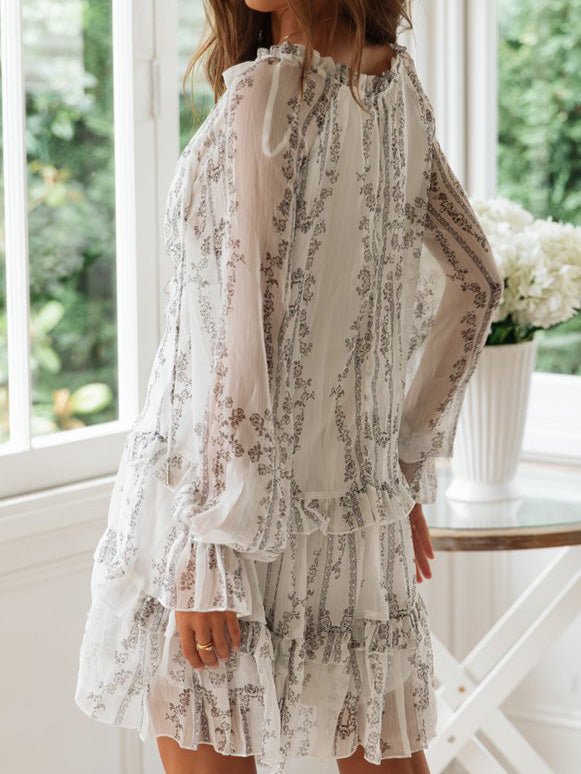 Women's Dresses Printed Tie Ruffle Long Sleeve Dress - Mini Dresses - Instastyled | Online Fashion Free Shipping Clothing, Dresses, Tops, Shoes - 11/02/2022 - 20-30 - color-white