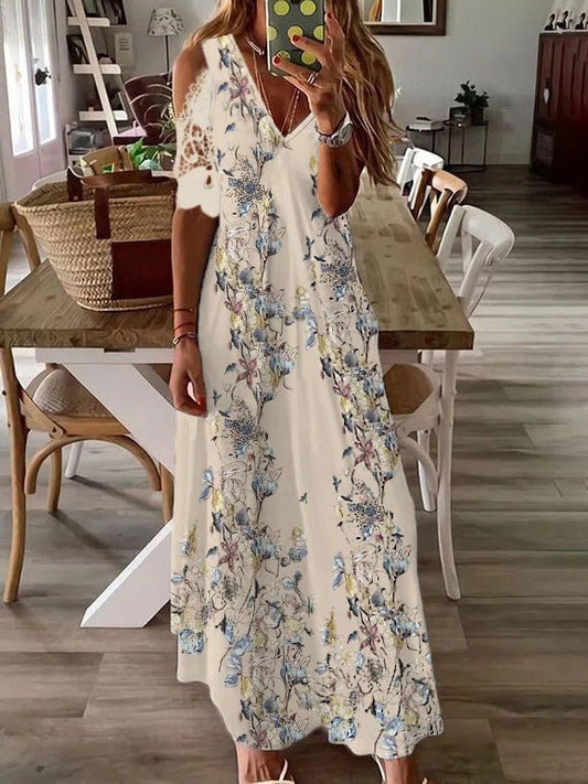Women's Dresses Printed V-Neck Off-Shoulder Short Sleeve Dress - Maxi Dresses - Instastyled | Online Fashion Free Shipping Clothing, Dresses, Tops, Shoes - 15/02/2022 - 40-50 - color-beige