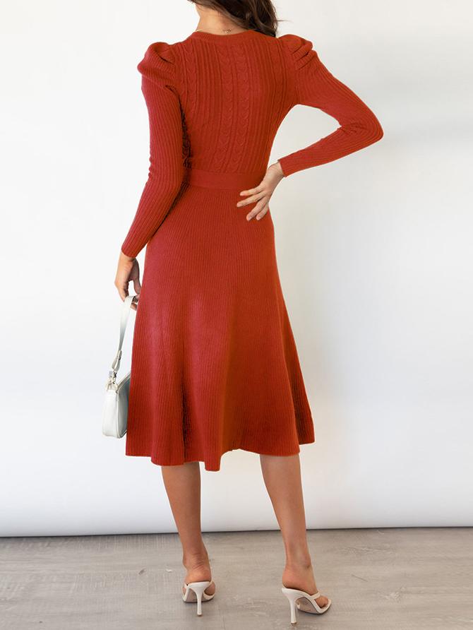 Women's Dresses Puff Long Sleeve Belted Knit Dress - Midi Dresses - INS | Online Fashion Free Shipping Clothing, Dresses, Tops, Shoes - 16/11/2021 - 40-50 - color-apricot
