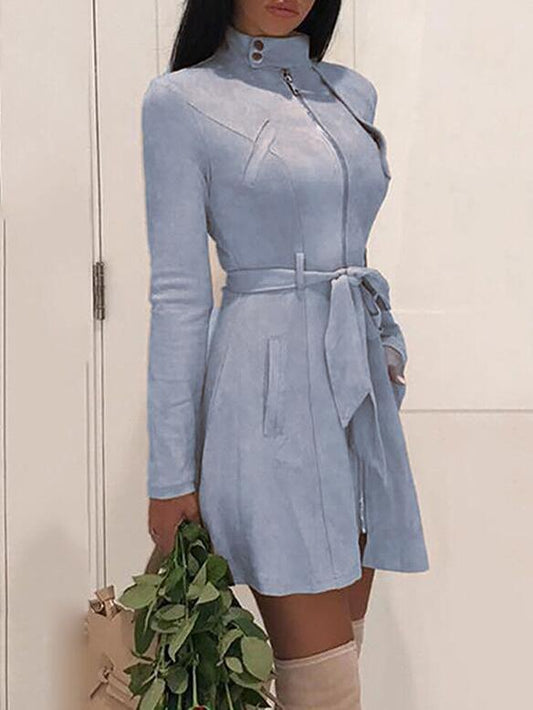 Women's Dresses Pure Belted Zip Leather Velvet Long Sleeve Dress - Mini Dresses - INS | Online Fashion Free Shipping Clothing, Dresses, Tops, Shoes - 06/11/2021 - 30-40 - color-black