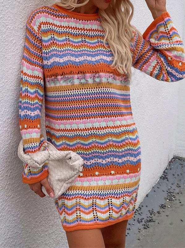 Women's Dresses Rainbow Striped Round Neck Long Sleeve Sweater Dress - Mini Dresses - INS | Online Fashion Free Shipping Clothing, Dresses, Tops, Shoes - 12/10/2021 - 30-40 - color-black