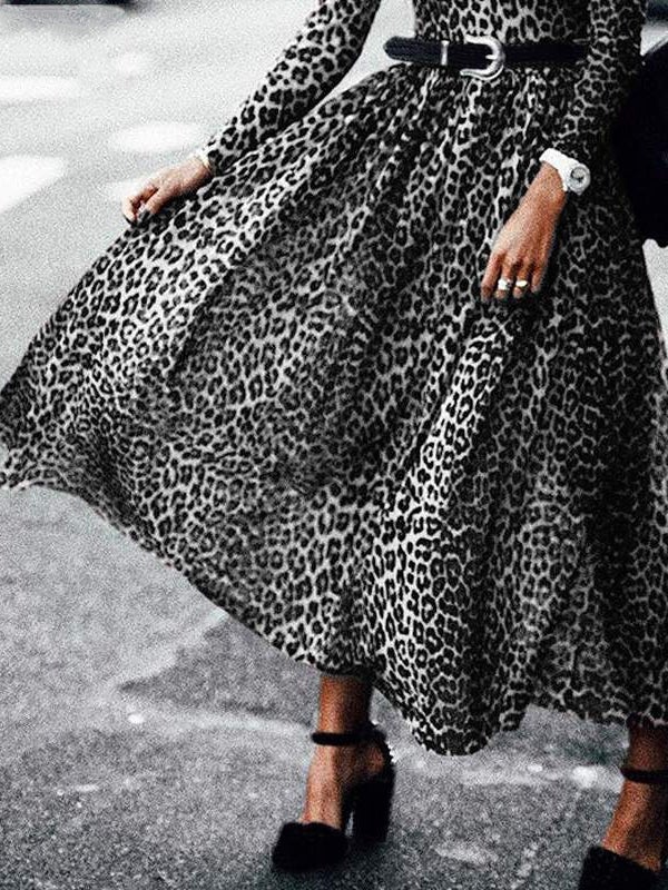 Women's Dresses Retro Leopard Print Round Neck Long Sleeve Dress - Maxi Dresses - Instastyled | Online Fashion Free Shipping Clothing, Dresses, Tops, Shoes - 06/01/2022 - 30-40 - color-brown