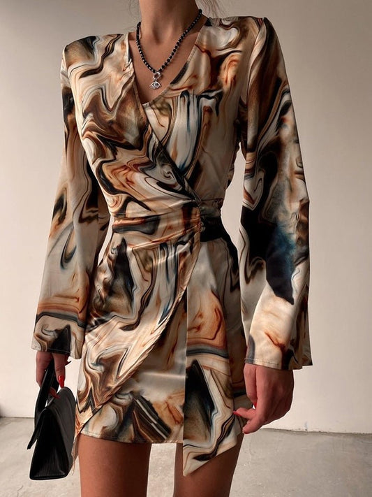 Women's Dresses Rippled V-Neck Long Sleeve Dress - Mini Dresses - Instastyled | Online Fashion Free Shipping Clothing, Dresses, Tops, Shoes - 16/02/2022 - color-multi - color-multicolor