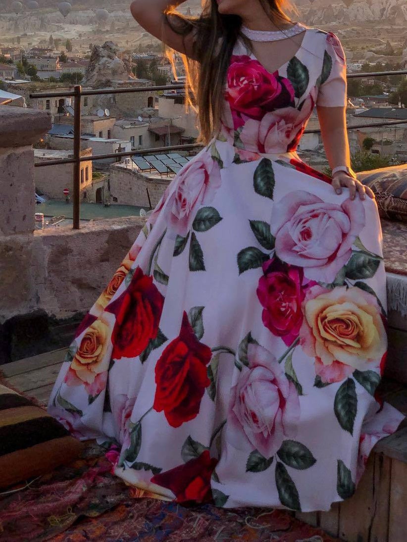 Women's Dresses Rose V Neck Beaded Short Sleeve Dress - Maxi Dresses - Instastyled | Online Fashion Free Shipping Clothing, Dresses, Tops, Shoes - 14/01/2022 - color-pink - Color_Pink