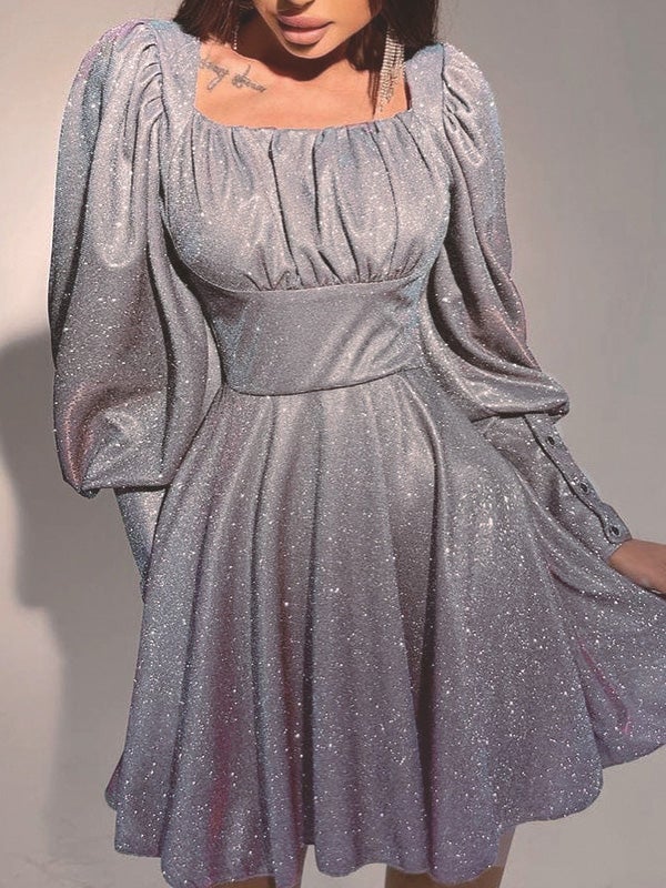 Women's Dresses Sequin Square Neck Puff Sleeve Long Sleeve Dress - Mini Dresses - Instastyled | Online Fashion Free Shipping Clothing, Dresses, Tops, Shoes - 12/01/2022 - 40-50 - color-purple