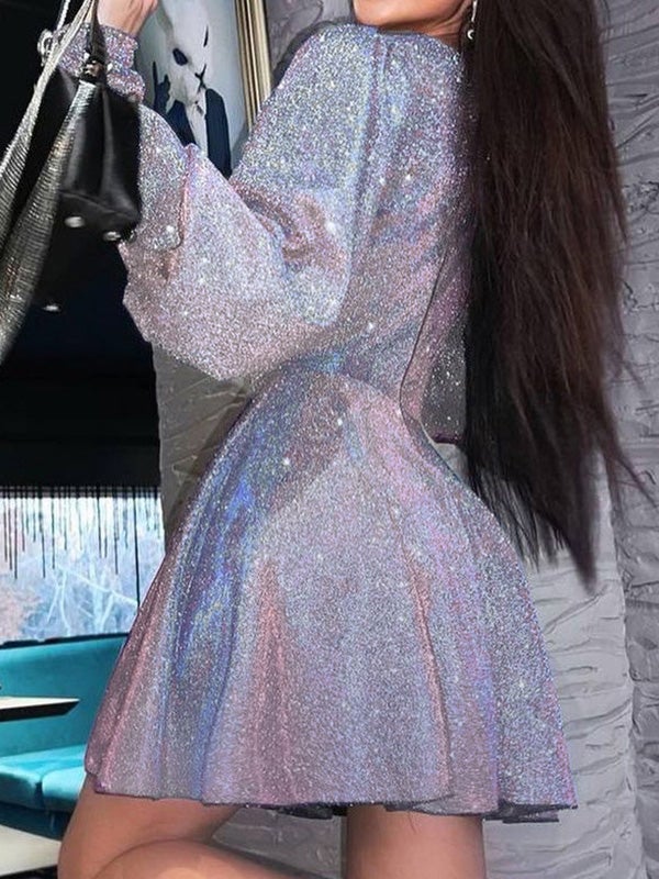 Women's Dresses Sequin Square Neck Puff Sleeve Long Sleeve Dress - Mini Dresses - Instastyled | Online Fashion Free Shipping Clothing, Dresses, Tops, Shoes - 12/01/2022 - 40-50 - color-purple