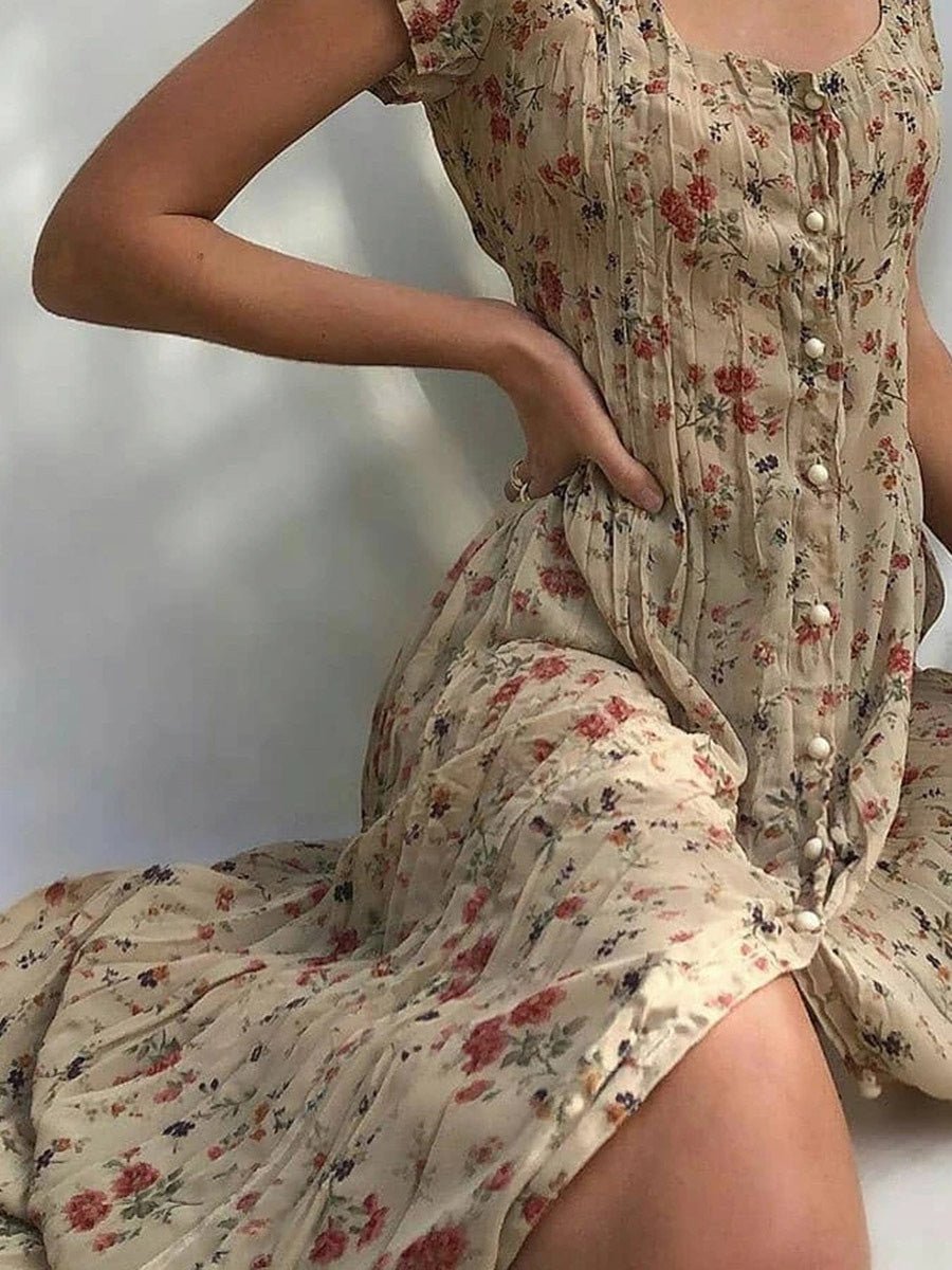 Women's Dresses Single Breasted Floral Short Sleeve Dress - Midi Dresses - Instastyled | Online Fashion Free Shipping Clothing, Dresses, Tops, Shoes - 28/02/2022 - 30-40 - color-apricot