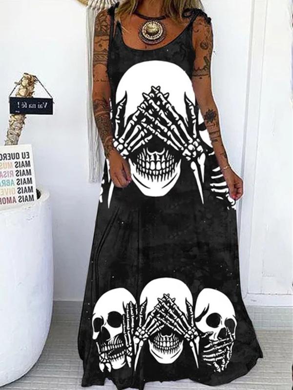 Women's Dresses Skull Print Loose Belted Maxi Dress - Maxi Dresses - INS | Online Fashion Free Shipping Clothing, Dresses, Tops, Shoes - 20-30 - 20/08/2021 - Category_Maxi Dresses