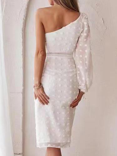 Women's Dresses Slanted Shoulder Bubble Long Sleeve Split Dress - Midi Dresses - Instastyled | Online Fashion Free Shipping Clothing, Dresses, Tops, Shoes - 15/12/2021 - Color_White - DRE2112153089