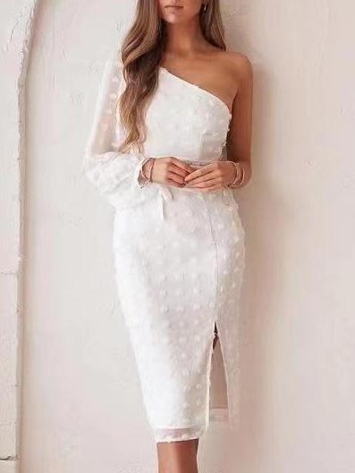 Women's Dresses Slanted Shoulder Bubble Long Sleeve Split Dress - Midi Dresses - Instastyled | Online Fashion Free Shipping Clothing, Dresses, Tops, Shoes - 15/12/2021 - Color_White - DRE2112153089