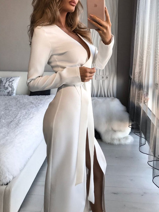 Women's Dresses Slim-Fit Solid Tie V-Neck Long Sleeve Slit Dress - Maxi Dresses - INS | Online Fashion Free Shipping Clothing, Dresses, Tops, Shoes - 18/10/2021 - 20-30 - color-black