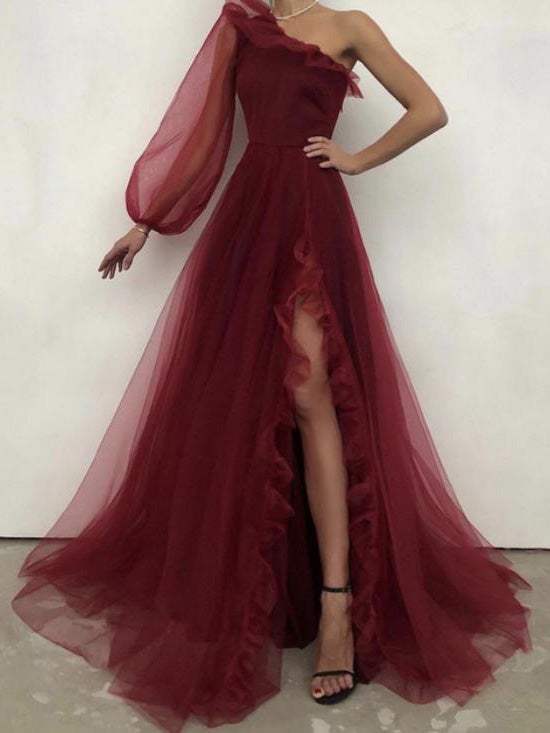 Women's Dresses Sloping Shoulder Long Sleeve Split Evening Dress - Maxi Dresses - Instastyled | Online Fashion Free Shipping Clothing, Dresses, Tops, Shoes - 29/12/2021 - 40-50 - color-black