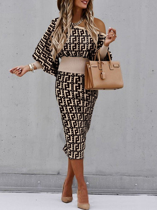 Women's Dresses Sloping Shoulder Print Slim Dress - Midi Dresses - Instastyled | Online Fashion Free Shipping Clothing, Dresses, Tops, Shoes - 22/01/2022 - 40-50 - color-black