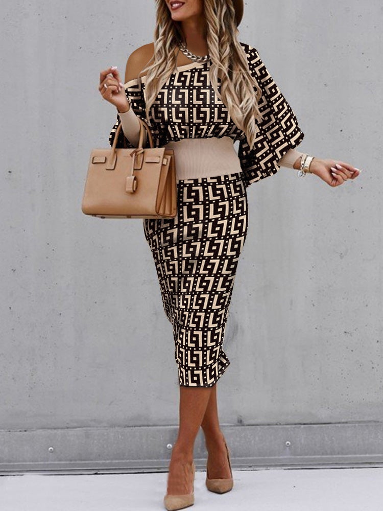 Women's Dresses Sloping Shoulder Print Slim Dress - Midi Dresses - Instastyled | Online Fashion Free Shipping Clothing, Dresses, Tops, Shoes - 22/01/2022 - 40-50 - color-black