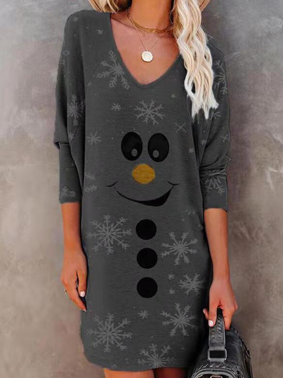 Women's Dresses Smiley Snowflake V-Neck Long Sleeve Dress - Mini Dresses - INS | Online Fashion Free Shipping Clothing, Dresses, Tops, Shoes - 02/11/2021 - 20-30 - Casual Dresses