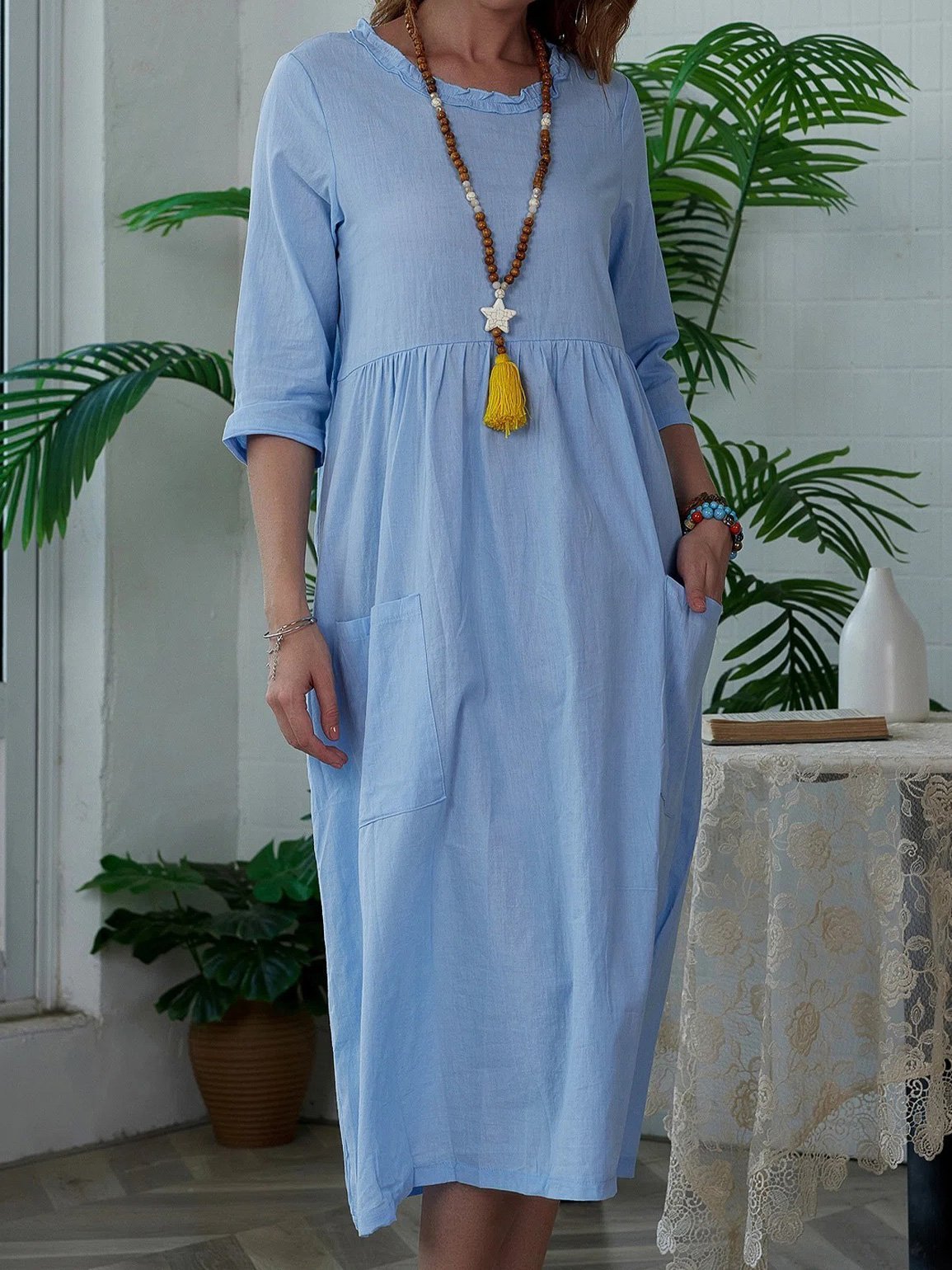 Women's Dresses Solid 3/4 Sleeve Round Neck Dress - Midi Dresses - INS | Online Fashion Free Shipping Clothing, Dresses, Tops, Shoes - 09/08/2021 - 20-30 - Category_Midi Dresses