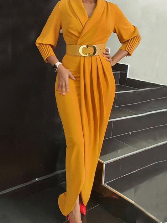 Women's Dresses Solid V-Neck Belt Mid-Sleeve Pleated Dress - Maxi Dresses - Instastyled | Online Fashion Free Shipping Clothing, Dresses, Tops, Shoes - 18/02/2022 - color-green - color-yellow