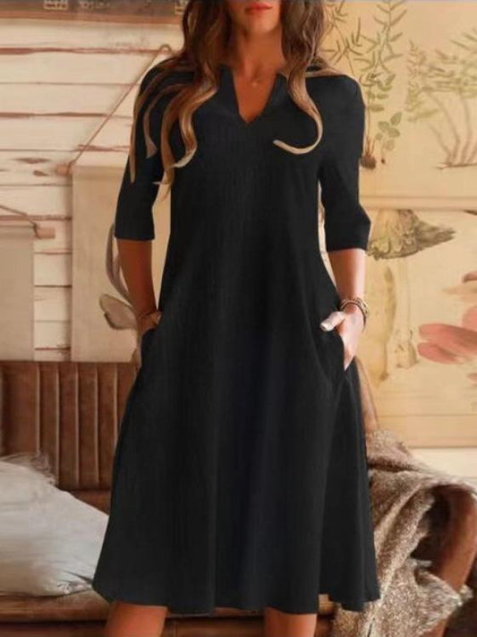 Women's Dresses Solid V-Neck Pocket Mid-Sleeve Dress - Midi Dresses - Instastyled | Online Fashion Free Shipping Clothing, Dresses, Tops, Shoes - 03/12/2021 - 20-30 - Casual Dresses