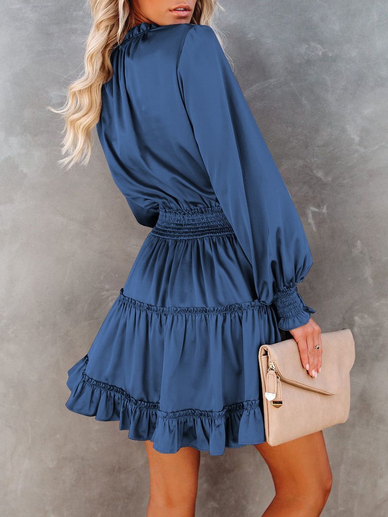 Women's Dresses Solid V-Neck Ruffled Long Sleeve Dress - Mini Dresses - INS | Online Fashion Free Shipping Clothing, Dresses, Tops, Shoes - 24/11/2021 - color-black - color-blue