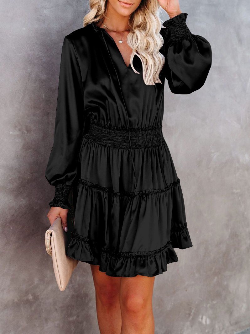 Women's Dresses Solid V-Neck Ruffled Long Sleeve Dress - Mini Dresses - INS | Online Fashion Free Shipping Clothing, Dresses, Tops, Shoes - 24/11/2021 - color-black - color-blue