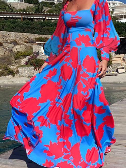 Women's Dresses Square Collar Lantern Long Sleeve Printed Dress - Maxi Dresses - INS | Online Fashion Free Shipping Clothing, Dresses, Tops, Shoes - 16/09/2021 - Category_Maxi Dresses - Color_Red
