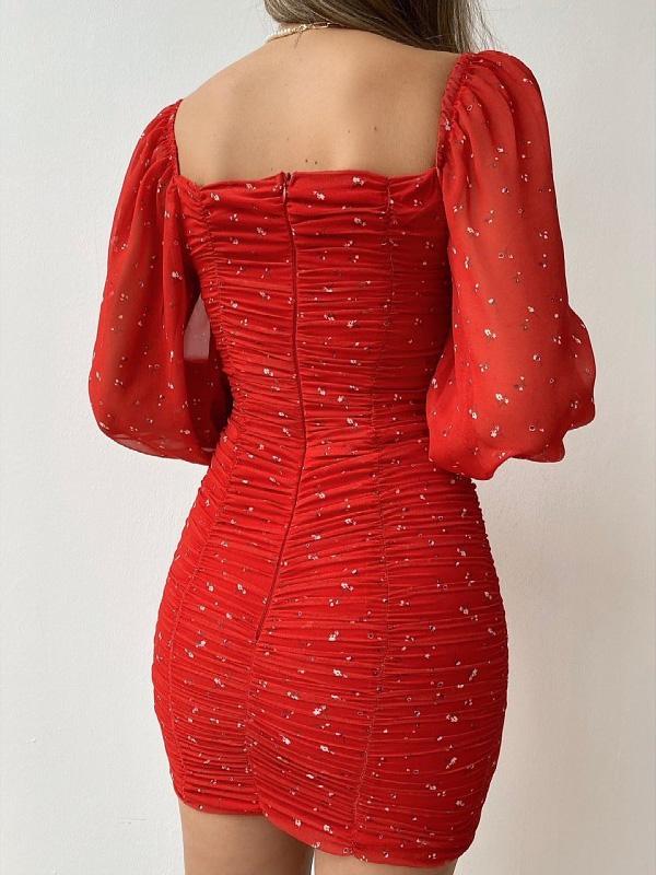 Women's Dresses Square Neck Puff Sleeve Pleated Skinny Chiffon Print Dress - Mini Dresses - INS | Online Fashion Free Shipping Clothing, Dresses, Tops, Shoes - 18/08/2021 - 30-40 - Category_Mini Dresses