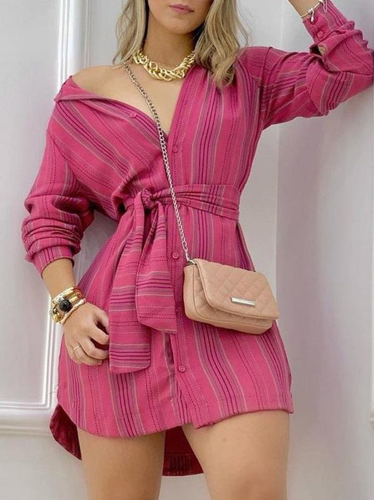 Women's Dresses Striped Long Sleeve Belted Shirt Dress - Mini Dresses - Instastyled | Online Fashion Free Shipping Clothing, Dresses, Tops, Shoes - 15/12/2021 - 20-30 - color-red