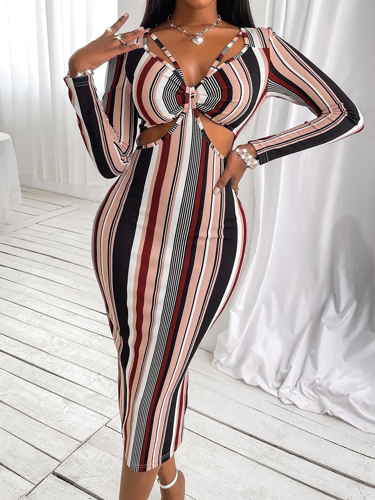 Women's Dresses Striped V-Neck Hollow Long Sleeve Dress - Midi Dresses - Instastyled | Online Fashion Free Shipping Clothing, Dresses, Tops, Shoes - 09/12/2021 - 20-30 - Bodycon Dresses