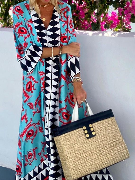Women's Dresses V-Neck Boho Print Mid-Sleeve Resort Dress - Mini Dresses - Instastyled | Online Fashion Free Shipping Clothing, Dresses, Tops, Shoes - 15/02/2022 - 40-50 - color-blue