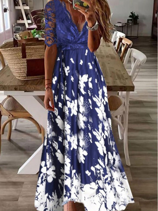 Women's Dresses V-Neck Lace Paneled Print Maxi Dress - Maxi Dresses - Instastyled | Online Fashion Free Shipping Clothing, Dresses, Tops, Shoes - 17/02/2022 - 20-30 - Casual Dresses