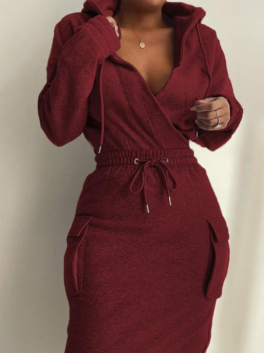 Women's Dresses V-Neck Pocket Elastic Belted Long Sleeve Hooded Dress - Midi Dresses - Instastyled | Online Fashion Free Shipping Clothing, Dresses, Tops, Shoes - 14/12/2021 - 40-50 - Casual Dresses