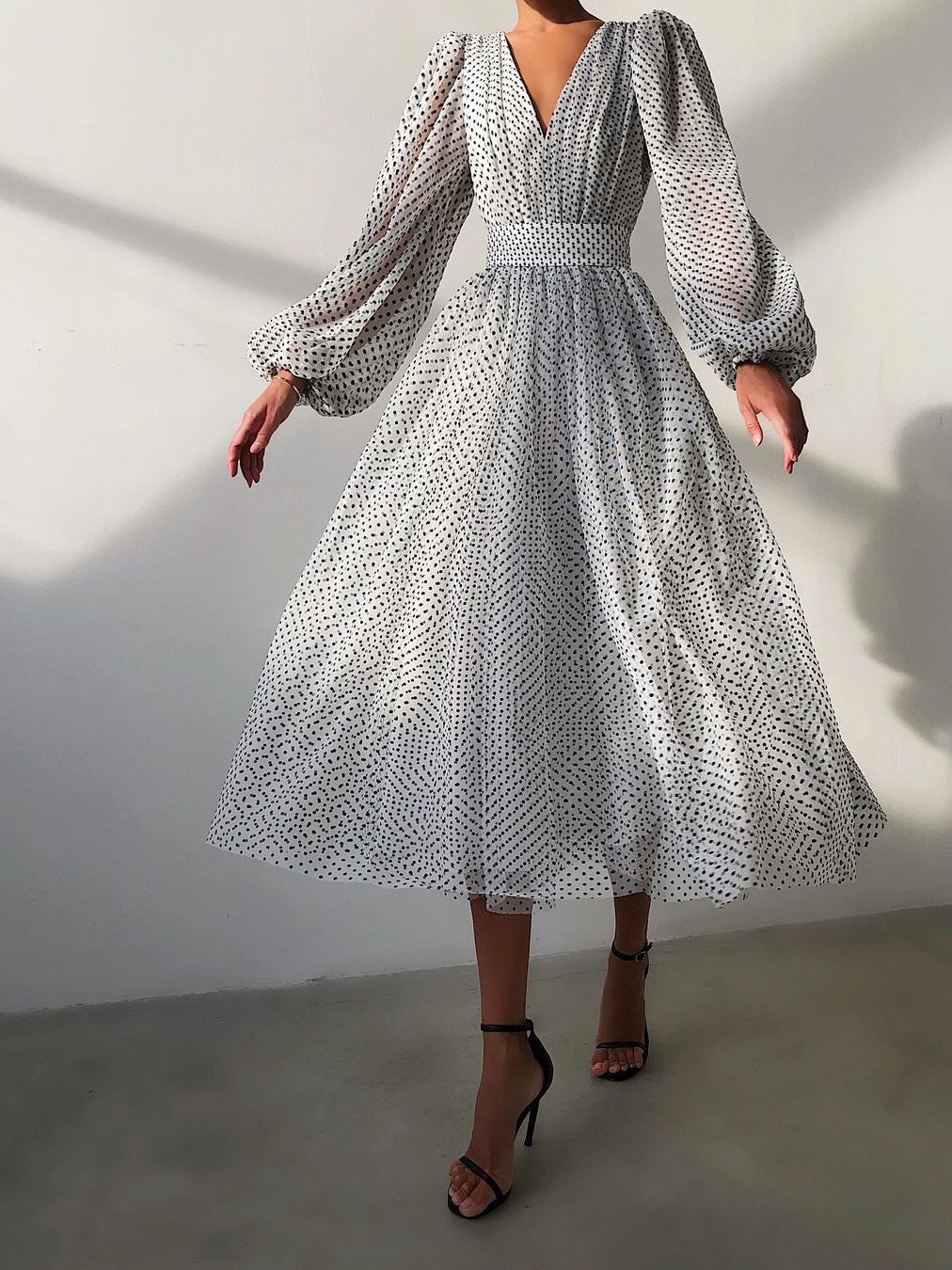 Women's Dresses V Neck Polka Dot Puff Long Sleeve Dress - Maxi Dresses - Instastyled | Online Fashion Free Shipping Clothing, Dresses, Tops, Shoes - 19/01/2022 - color-khaki - color-white