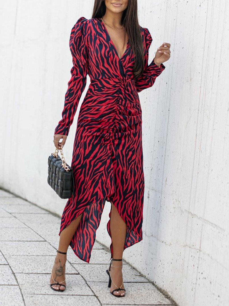 Women's Dresses V-Neck Printed Bare Back Irregular Long Sleeve Dress - Maxi Dresses - Instastyled | Online Fashion Free Shipping Clothing, Dresses, Tops, Shoes - 30-40 - color-red - color-white